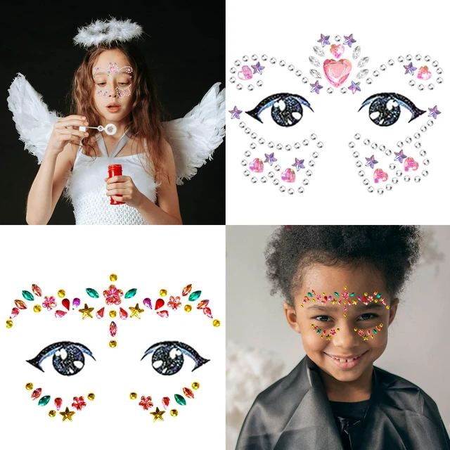 Alt view image 4 of 7 - Kids Festival Face Jewels Gems 4 Pack Sparkly Face Stickers & Crystal Temporary Tattoos Fun Rhinestone Makeup for Girls for Halloween, Birthday, Christmas & Dress-Up Play