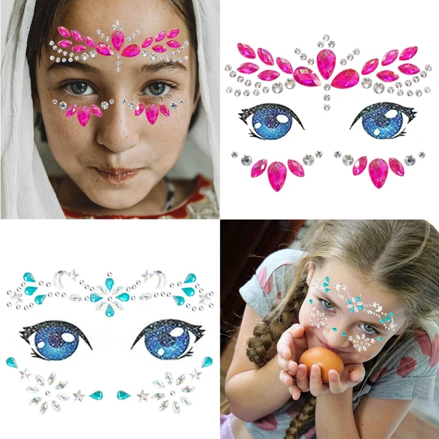 Alt view image 5 of 7 - Kids Festival Face Jewels Gems 4 Pack Sparkly Face Stickers & Crystal Temporary Tattoos Fun Rhinestone Makeup for Girls for Halloween, Birthday, Christmas & Dress-Up Play