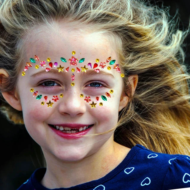 Alt view image 6 of 7 - Kids Festival Face Jewels Gems 4 Pack Sparkly Face Stickers & Crystal Temporary Tattoos Fun Rhinestone Makeup for Girls for Halloween, Birthday, Christmas & Dress-Up Play