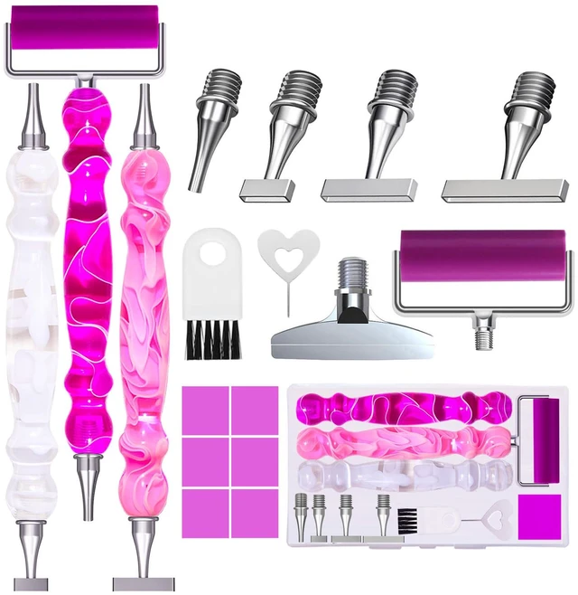 Main image of 17PCS Ergonomic Diamond Art Pen Kits, with Multifunctional Metal Stainless Steel Screw Thin 1, 3, 6, 9, Tips, Correction Placers Roller Accessories (Purple + Pink + White + 5 PCS Tips)