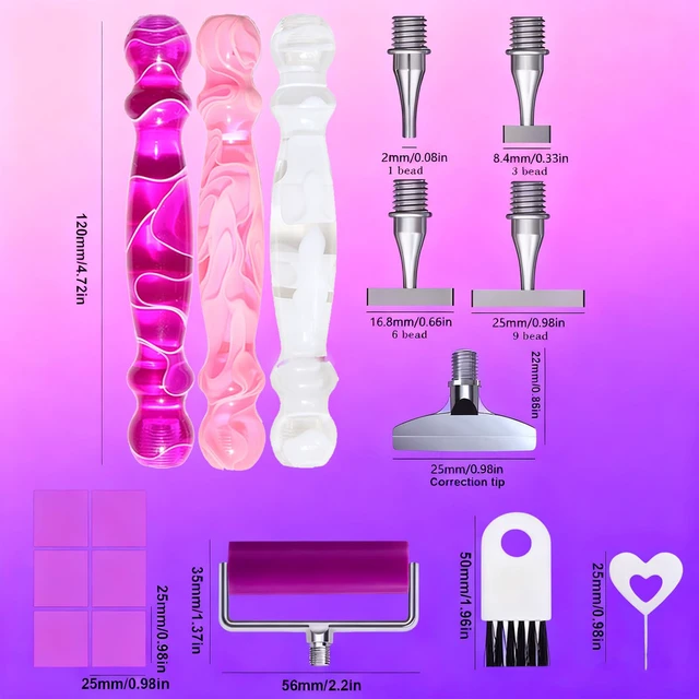 Alt view image 2 of 6 - 17PCS Ergonomic Diamond Art Pen Kits, with Multifunctional Metal Stainless Steel Screw Thin 1, 3, 6, 9, Tips, Correction Placers Roller Accessories (Purple + Pink + White + 5 PCS Tips)