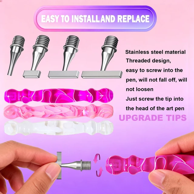 Alt view image 5 of 6 - 17PCS Ergonomic Diamond Art Pen Kits, with Multifunctional Metal Stainless Steel Screw Thin 1, 3, 6, 9, Tips, Correction Placers Roller Accessories (Purple + Pink + White + 5 PCS Tips)
