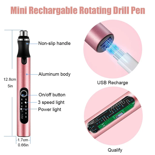 Alt view image 2 of 7 - 3-Speed Cordless Mini Drill Pen With 10 Small Drill Bits, Rechargeable Electric Hand Drill Pin Vise, Resin Drill Set For Jewelry Making, Resin, Plastic, Wood, Keychains DIY (PINK)