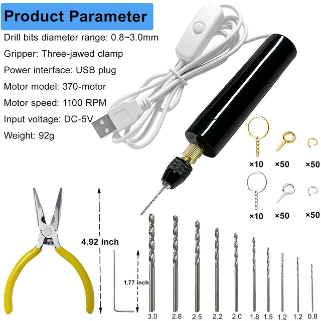 Alt view image 4 of 7 - 233Pcs Electric Drill for Resin Art,Craft Hand Drill with Bits (0-3mm) Flat Nose Pliers, Keychain Making Kit,Small Electric Pin Vise Kit for Resin Mold Keychain Pendant Jewelry Making