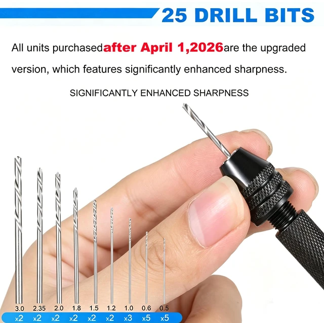 Alt view image 2 of 7 - 26 PCS Micro Drill Bit Set, Pin Vise Hand Drill Manual Jewelry w/Micro Drill Bits (0.5mm-2.5mm), Rotary Craft Drill for Jewelry Making, Resin, Wood, Plastic, Miniature, Beads, Clay