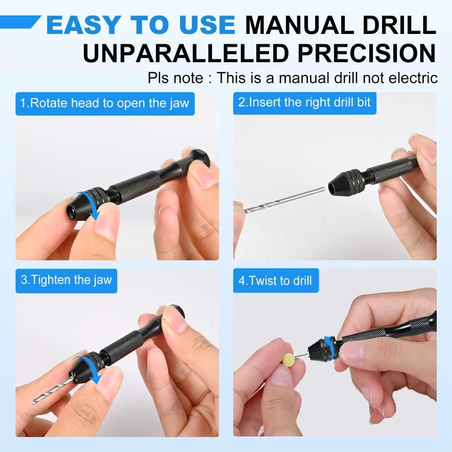 Alt view image 4 of 7 - 26 PCS Micro Drill Bit Set, Pin Vise Hand Drill Manual Jewelry w/Micro Drill Bits (0.5mm-2.5mm), Rotary Craft Drill for Jewelry Making, Resin, Wood, Plastic, Miniature, Beads, Clay