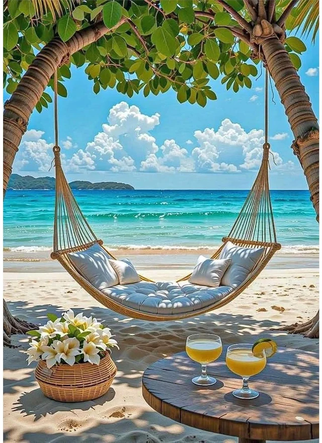 Main image of Beach Diamond Painting Kit 5D DIY Full Diamond Round Diamond ArtSwing by the Sea Diamond Art Craft for Adults and Beginners, Perfect for Home Wall Decor 12x16 in