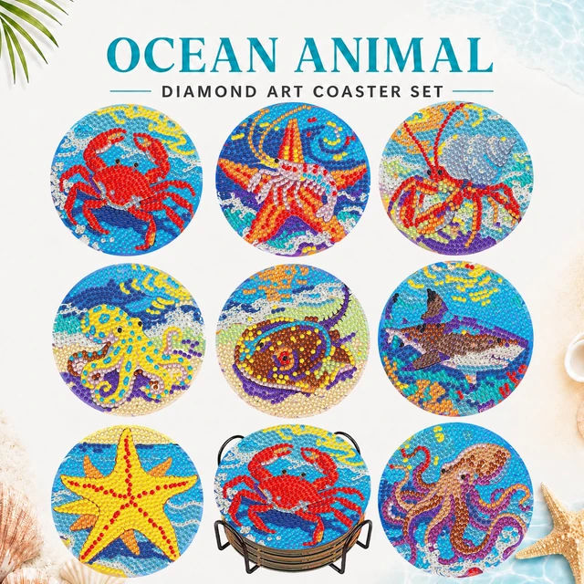 Alt view image 3 of 7 - Diamond Art Coaster Kit 8Pcs Ocean Diamond Painting Coaster 4×4in | 5D Full Round Resin Drills, Beginner Friendly, Fits All Ages, Small Relaxing DIY Craft, Stress Relief, All-Occasion Gift