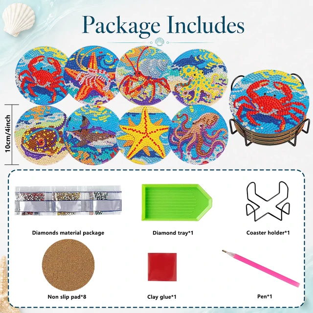 Alt view image 2 of 7 - Diamond Art Coaster Kit 8Pcs Ocean Diamond Painting Coaster 4×4in | 5D Full Round Resin Drills, Beginner Friendly, Fits All Ages, Small Relaxing DIY Craft, Stress Relief, All-Occasion Gift