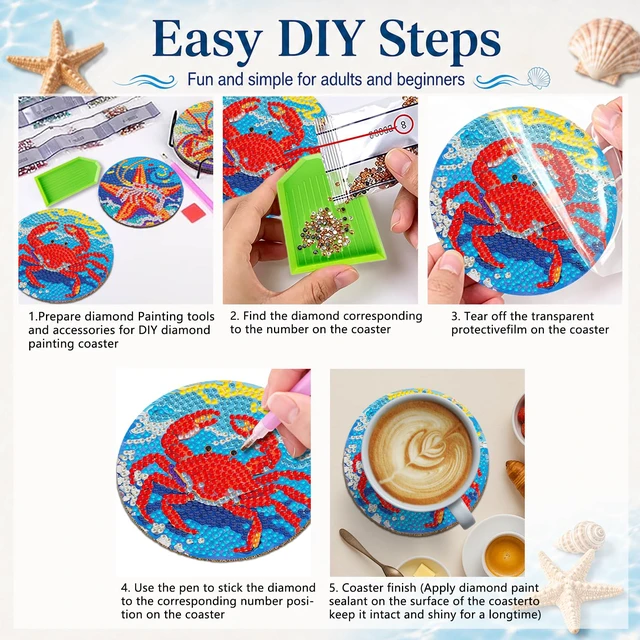 Alt view image 4 of 7 - Diamond Art Coaster Kit 8Pcs Ocean Diamond Painting Coaster 4×4in | 5D Full Round Resin Drills, Beginner Friendly, Fits All Ages, Small Relaxing DIY Craft, Stress Relief, All-Occasion Gift