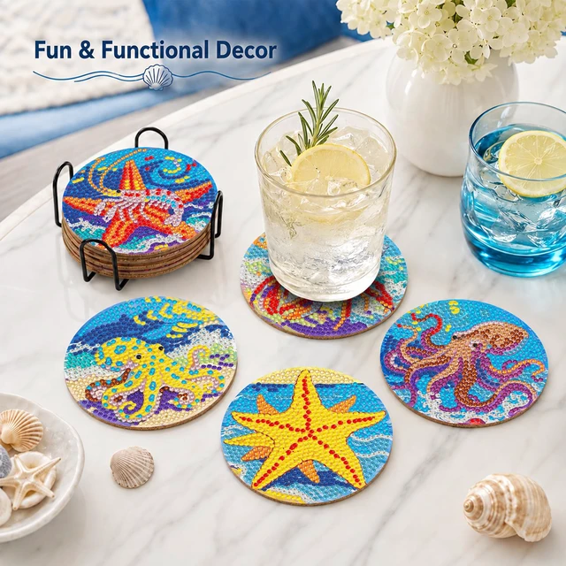 Alt view image 7 of 7 - Diamond Art Coaster Kit 8Pcs Ocean Diamond Painting Coaster 4×4in | 5D Full Round Resin Drills, Beginner Friendly, Fits All Ages, Small Relaxing DIY Craft, Stress Relief, All-Occasion Gift