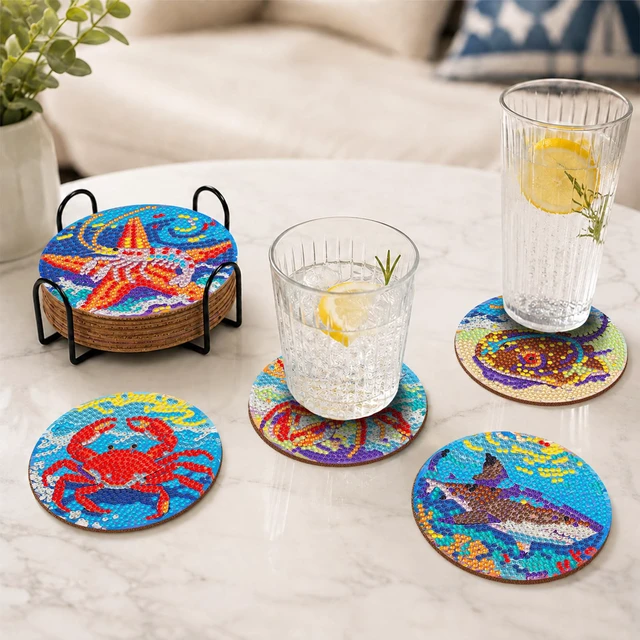 Alt view image 6 of 7 - Diamond Art Coaster Kit 8Pcs Ocean Diamond Painting Coaster 4×4in | 5D Full Round Resin Drills, Beginner Friendly, Fits All Ages, Small Relaxing DIY Craft, Stress Relief, All-Occasion Gift