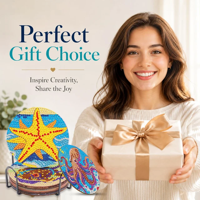 Alt view image 5 of 7 - Diamond Art Coaster Kit 8Pcs Ocean Diamond Painting Coaster 4×4in | 5D Full Round Resin Drills, Beginner Friendly, Fits All Ages, Small Relaxing DIY Craft, Stress Relief, All-Occasion Gift