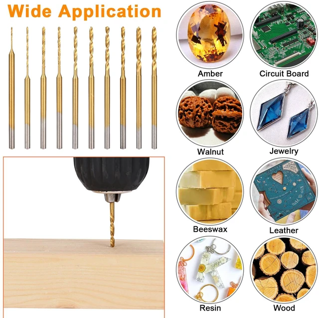 Alt view image 2 of 7 - Mini Twist Drill Bit Set, 10Pcs Micro Engraving Drill Bits, 0.6mm-2.2mm, HSS 2.35mm Shank Titanium Coated Tiny Drill Bit Hole Drilling Tool for DIY Resin, Jewelry, Amber, Circuit Board, Walnut