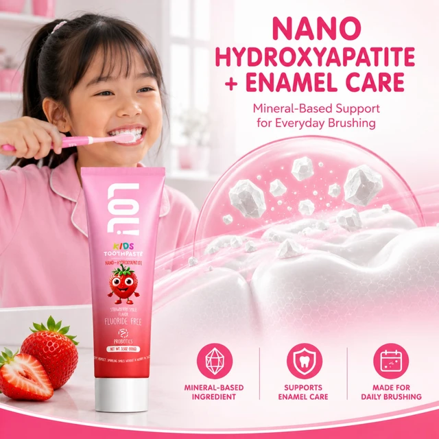 Alt view image 4 of 7 - LOL! Kids Strawberry Toothpaste with Nano Hydroxyapatite, Fluoride Free | with xylitol, oral probiotic + plant-based foaming agent. SLS free. Fruit-flavored non-mint for morning and bedtime brushing.