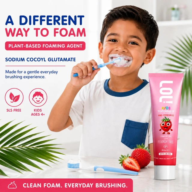 Alt view image 6 of 7 - LOL! Kids Strawberry Toothpaste with Nano Hydroxyapatite, Fluoride Free | with xylitol, oral probiotic + plant-based foaming agent. SLS free. Fruit-flavored non-mint for morning and bedtime brushing.