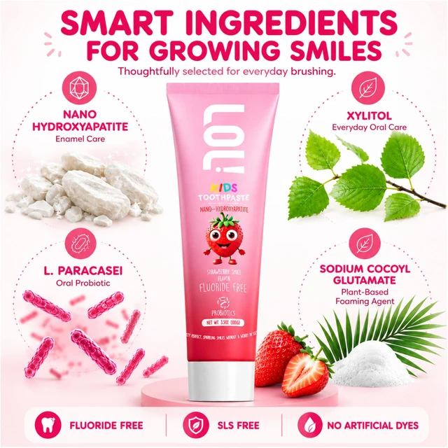 Alt view image 2 of 7 - LOL! Kids Strawberry Toothpaste with Nano Hydroxyapatite, Fluoride Free | with xylitol, oral probiotic + plant-based foaming agent. SLS free. Fruit-flavored non-mint for morning and bedtime brushing.
