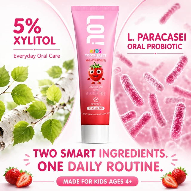 Alt view image 5 of 7 - LOL! Kids Strawberry Toothpaste with Nano Hydroxyapatite, Fluoride Free | with xylitol, oral probiotic + plant-based foaming agent. SLS free. Fruit-flavored non-mint for morning and bedtime brushing.