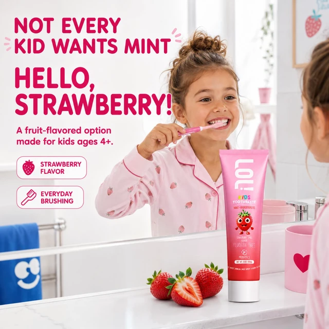 Alt view image 3 of 7 - LOL! Kids Strawberry Toothpaste with Nano Hydroxyapatite, Fluoride Free | with xylitol, oral probiotic + plant-based foaming agent. SLS free. Fruit-flavored non-mint for morning and bedtime brushing.