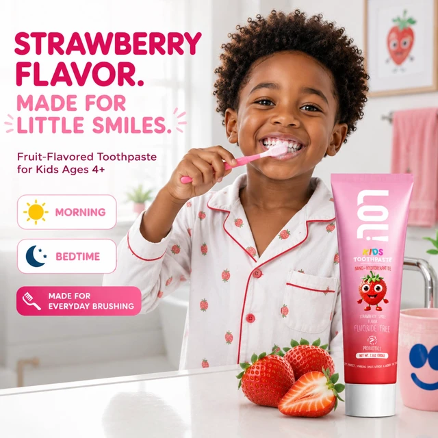 Alt view image 7 of 7 - LOL! Kids Strawberry Toothpaste with Nano Hydroxyapatite, Fluoride Free | with xylitol, oral probiotic + plant-based foaming agent. SLS free. Fruit-flavored non-mint for morning and bedtime brushing.