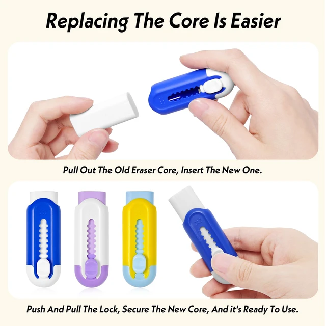 Alt view image 5 of 7 - Retractable Eraser, Pack of 3, Pencil Eraser for Pencils,Assorted Color
