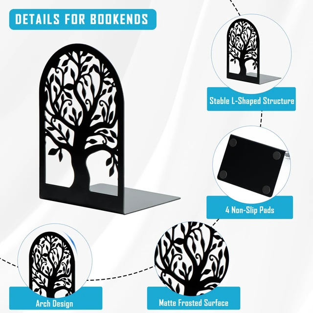 Alt view image 3 of 7 - 5 Pair Book Ends, Metal Bookends for Shelves, Decorative Bookends | Decorative Book Holder for Shelf, Tree Stopper for Heavy Books, Black Book Ends for Home Office, 6.5 X 4.7 X 3.5 Inch