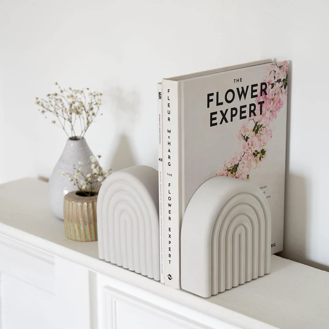 Alt view image 2 of 7 - Decorative Concrete Bookends for Heavy Books - Stylish Set of 2, Anti-Slip | Aesthetic Book Holder and Stopper Ideal for Any Bookshelf - Chic Home, Office or Library Decor