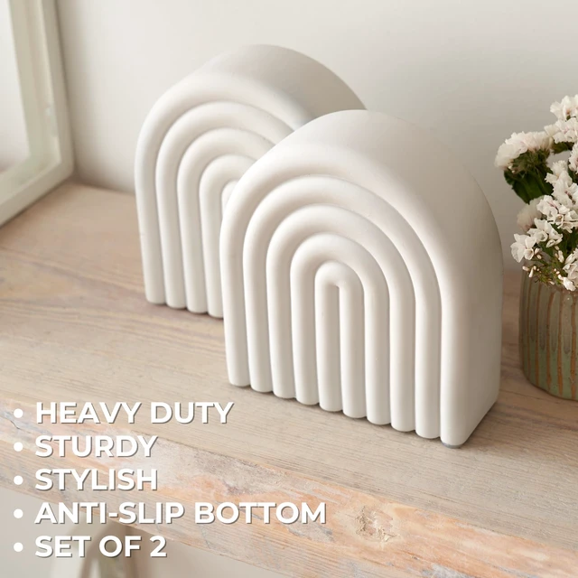 Alt view image 5 of 7 - Decorative Concrete Bookends for Heavy Books - Stylish Set of 2, Anti-Slip | Aesthetic Book Holder and Stopper Ideal for Any Bookshelf - Chic Home, Office or Library Decor