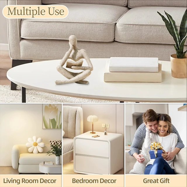 Alt view image 6 of 7 - Bookshelf Decor Thinker Statue - Abstract Art Reading Thinker Sculpture Figurine Aesthetic, Modern Home Decoration for Living Room Office Shelves Coffee Table Desk Decor(Beige)