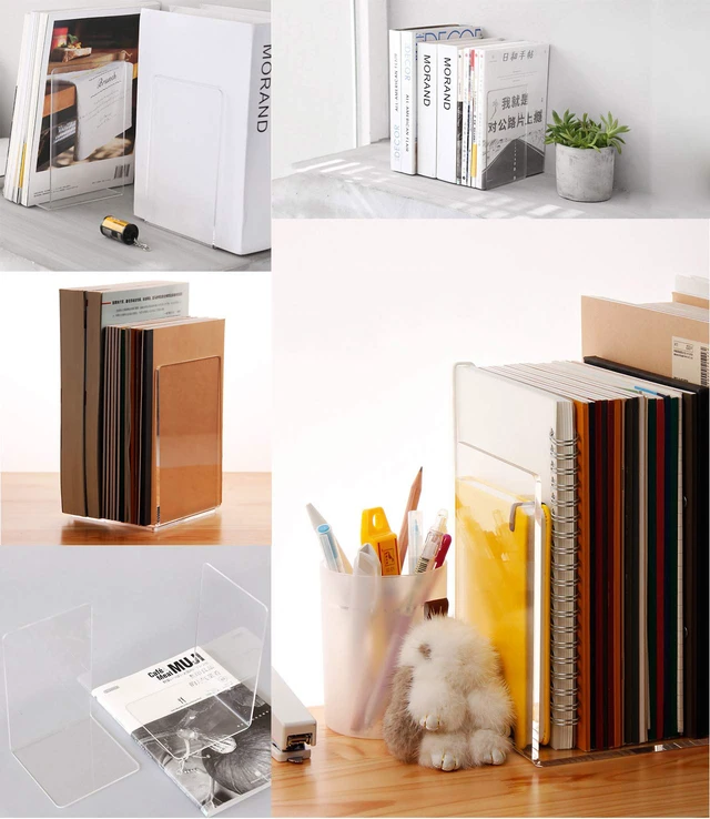 Alt view image 7 of 7 - Clear Acrylic Book Ends Bookends for Shelves | 8 Piece, 7.08 x 4.72, Non-Slip, Heavy Duty, Decorative Books Holder, Bookcase Desktop Use, for Office Home School