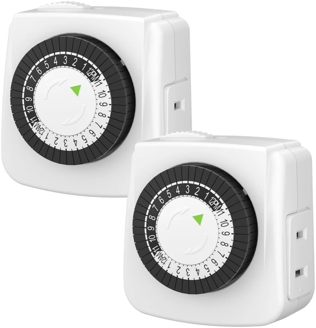 Main image of Indoor Timers Plug Mechanical 2 Prong 24-Hour Mini Lamp Timers 2 Pack, for Electrical Outlets, Fish Tank, Fans, LED Lights