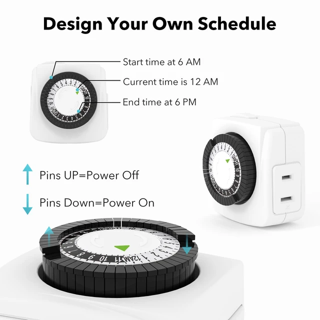 Alt view image 3 of 7 - Indoor Timers Plug Mechanical 2 Prong 24-Hour Mini Lamp Timers 2 Pack, for Electrical Outlets, Fish Tank, Fans, LED Lights