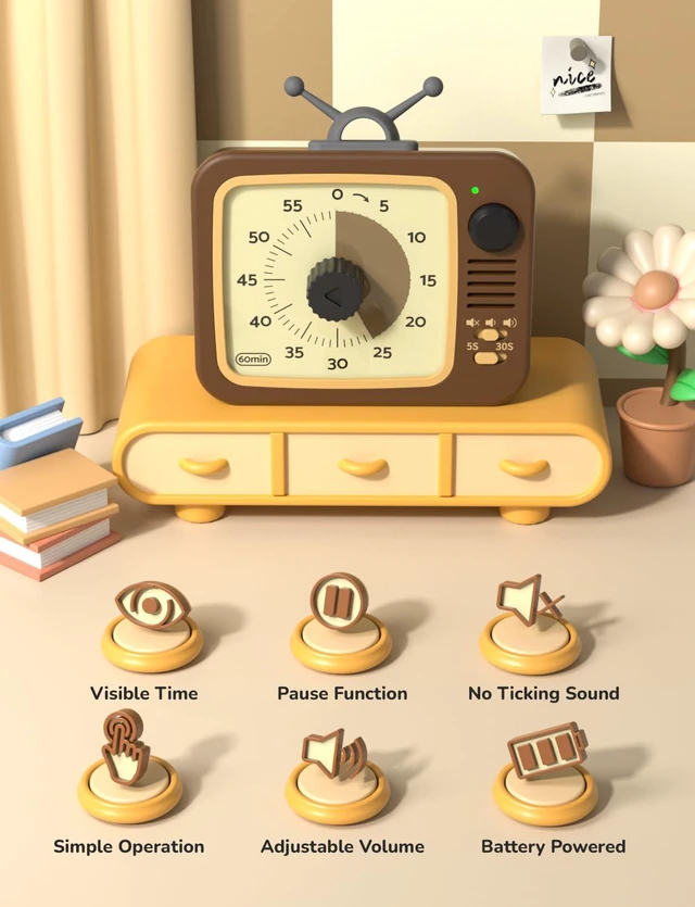 Alt view image 2 of 7 - Visual Timer for Kids with Pause, 60 Minute Countdown Timer, Brown | Non-Ticking, 3 Volume Levels, Back Magnetic, Two Ringing Durations, Light Indicator, for Classroom Kitchen Office ADHD
