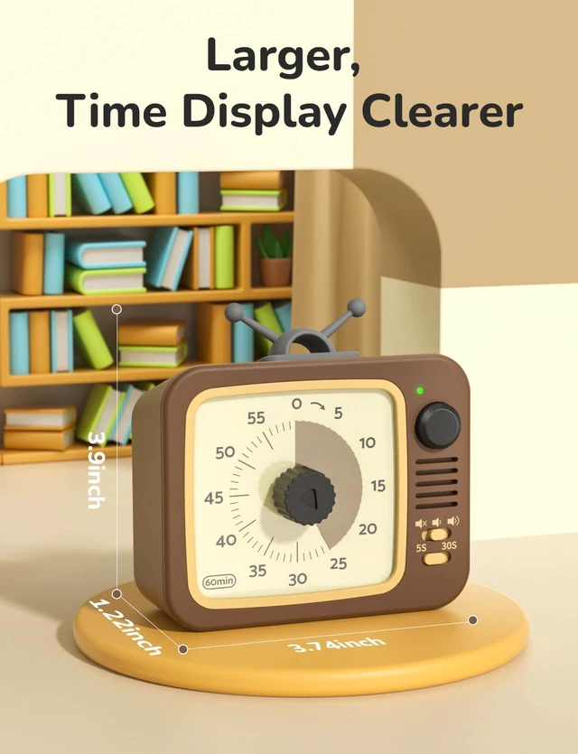Alt view image 3 of 7 - Visual Timer for Kids with Pause, 60 Minute Countdown Timer, Brown | Non-Ticking, 3 Volume Levels, Back Magnetic, Two Ringing Durations, Light Indicator, for Classroom Kitchen Office ADHD