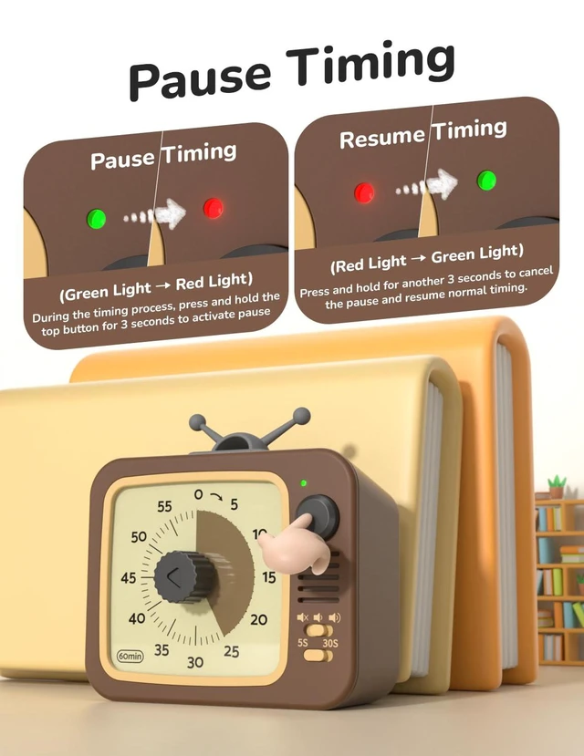 Alt view image 4 of 7 - Visual Timer for Kids with Pause, 60 Minute Countdown Timer, Brown | Non-Ticking, 3 Volume Levels, Back Magnetic, Two Ringing Durations, Light Indicator, for Classroom Kitchen Office ADHD