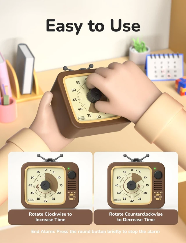Alt view image 5 of 7 - Visual Timer for Kids with Pause, 60 Minute Countdown Timer, Brown | Non-Ticking, 3 Volume Levels, Back Magnetic, Two Ringing Durations, Light Indicator, for Classroom Kitchen Office ADHD