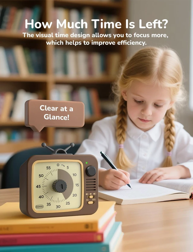 Alt view image 6 of 7 - Visual Timer for Kids with Pause, 60 Minute Countdown Timer, Brown | Non-Ticking, 3 Volume Levels, Back Magnetic, Two Ringing Durations, Light Indicator, for Classroom Kitchen Office ADHD