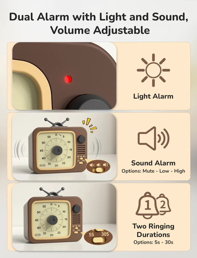 Alt view image 7 of 7 - Visual Timer for Kids with Pause, 60 Minute Countdown Timer, Brown | Non-Ticking, 3 Volume Levels, Back Magnetic, Two Ringing Durations, Light Indicator, for Classroom Kitchen Office ADHD