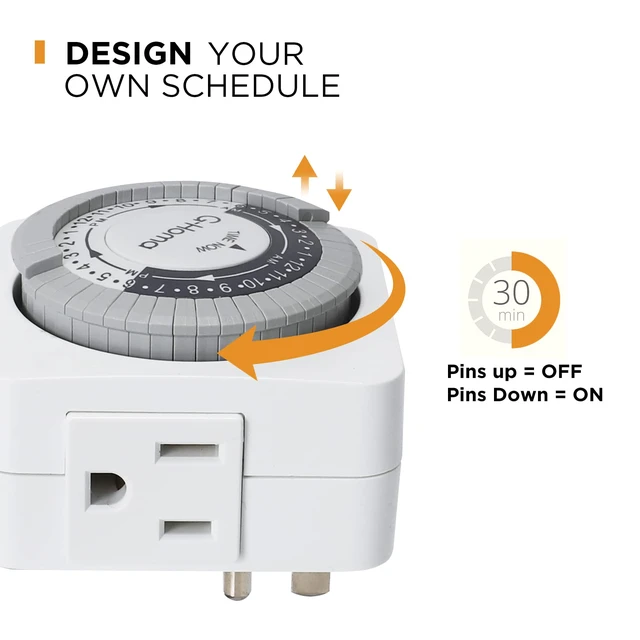 Alt view image 3 of 7 - Timers for Electrical Outlets, 24 Hour Indoor Plug-in Mechanical Timer Mini, 30 Minute Intervals, 3-Prong, Daily On/Off Cycle, for Lights, Lamps (2-Pack,ETL Listed) White