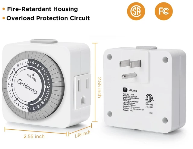 Alt view image 4 of 7 - Timers for Electrical Outlets, 24 Hour Indoor Plug-in Mechanical Timer Mini, 30 Minute Intervals, 3-Prong, Daily On/Off Cycle, for Lights, Lamps (2-Pack,ETL Listed) White