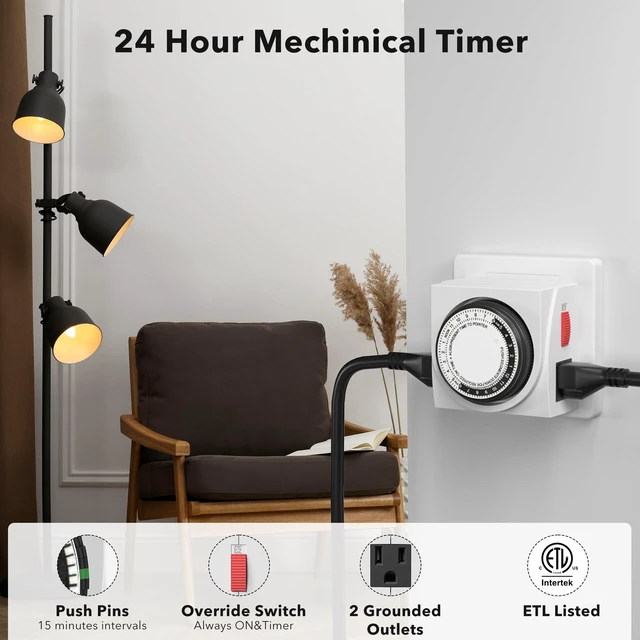 Alt view image 2 of 7 - Heavy Duty Dual Outlet Mechanical Timer,24-Hour Light Timer,3-Prong | 15-min intervals; daily repeat; easy setup;Indoor Timer for Christmas Decor,Plant Light,Reptile Tank, Aquarium, ETL,15A/1875W