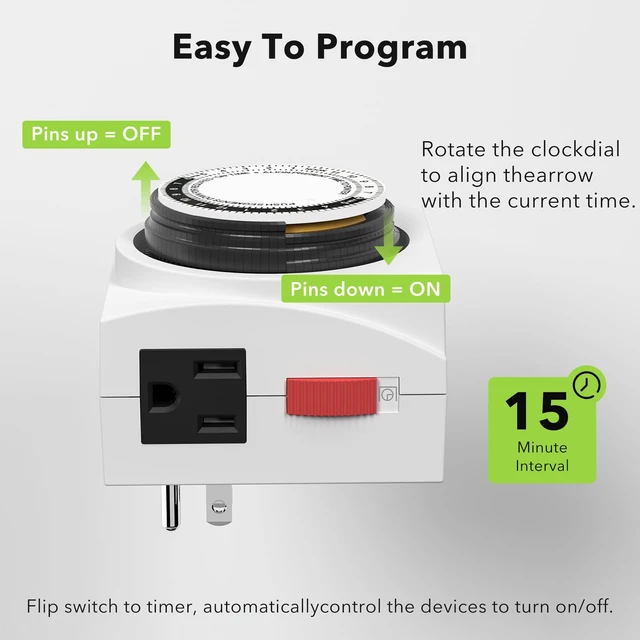 Alt view image 3 of 7 - Heavy Duty Dual Outlet Mechanical Timer,24-Hour Light Timer,3-Prong | 15-min intervals; daily repeat; easy setup;Indoor Timer for Christmas Decor,Plant Light,Reptile Tank, Aquarium, ETL,15A/1875W