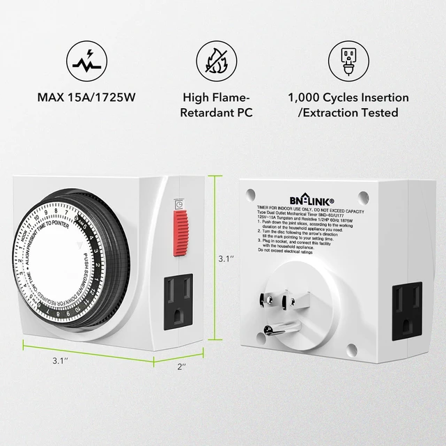 Alt view image 6 of 7 - Heavy Duty Dual Outlet Mechanical Timer,24-Hour Light Timer,3-Prong | 15-min intervals; daily repeat; easy setup;Indoor Timer for Christmas Decor,Plant Light,Reptile Tank, Aquarium, ETL,15A/1875W