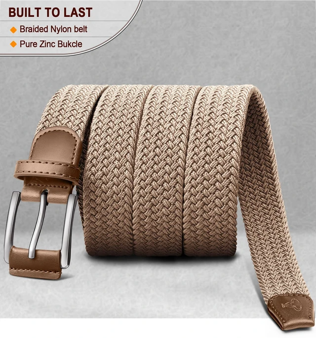 Alt view image 2 of 7 - Stretch Belt Men,Mens Gift Woven Braided Web Belt 1 3/8 for Golf Casual Pants Shirts Jeans(Beige,30"-34" Waist Adjustable)