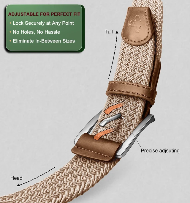 Alt view image 3 of 7 - Stretch Belt Men,Mens Gift Woven Braided Web Belt 1 3/8 for Golf Casual Pants Shirts Jeans(Beige,30"-34" Waist Adjustable)