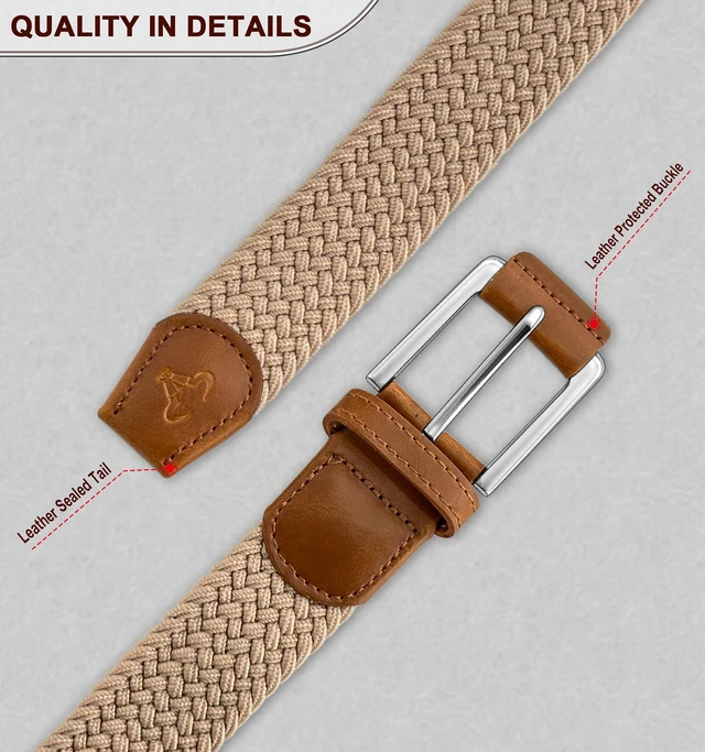 Alt view image 5 of 7 - Stretch Belt Men,Mens Gift Woven Braided Web Belt 1 3/8 for Golf Casual Pants Shirts Jeans(Beige,30"-34" Waist Adjustable)