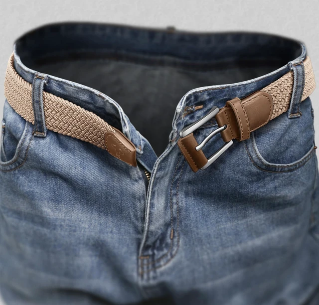 Alt view image 6 of 7 - Stretch Belt Men,Mens Gift Woven Braided Web Belt 1 3/8 for Golf Casual Pants Shirts Jeans(Beige,30"-34" Waist Adjustable)