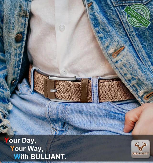 Alt view image 7 of 7 - Stretch Belt Men,Mens Gift Woven Braided Web Belt 1 3/8 for Golf Casual Pants Shirts Jeans(Beige,30"-34" Waist Adjustable)