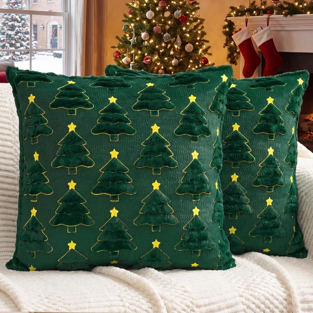 Main image of Christmas Pillow Covers 18x18 Set of 2, Green Winter Home Decor | Reversible Plush Fur with 3D Xmas tree embroidery for couch, sofa, porch, bedroom decorations & Christmas gift choice