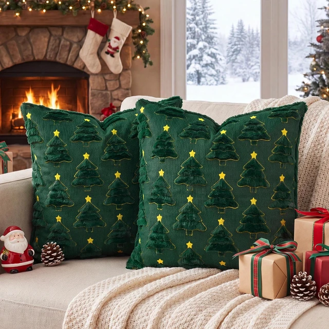 Alt view image 2 of 7 - Christmas Pillow Covers 18x18 Set of 2, Green Winter Home Decor | Reversible Plush Fur with 3D Xmas tree embroidery for couch, sofa, porch, bedroom decorations & Christmas gift choice